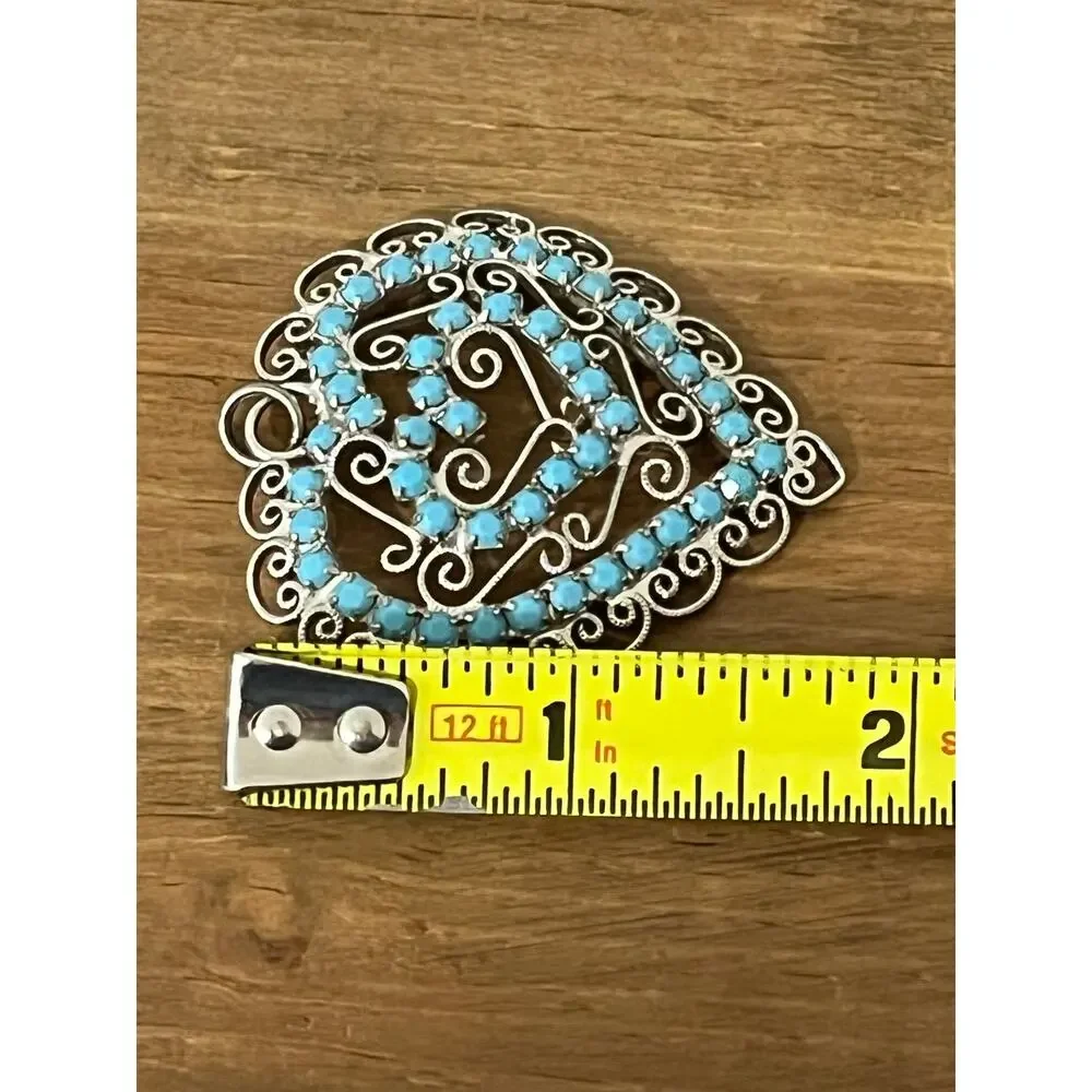 Vintage Blue Rhinestone Heart Pendant Filigree‎ Statement Cottagecore